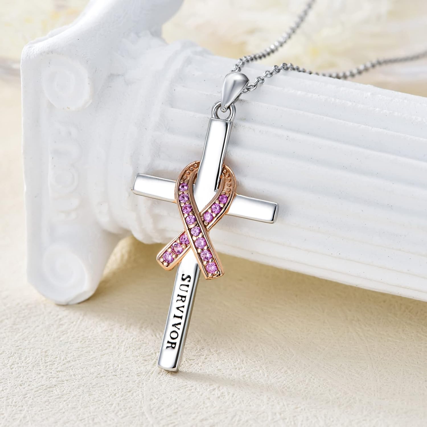 Breast Cancer Survivor Necklace 925 Sterling Silver Pink Ribbon Pendant Necklace Cancer Awareness Survivor Jewelry Gifts for Women Girls - Image 2