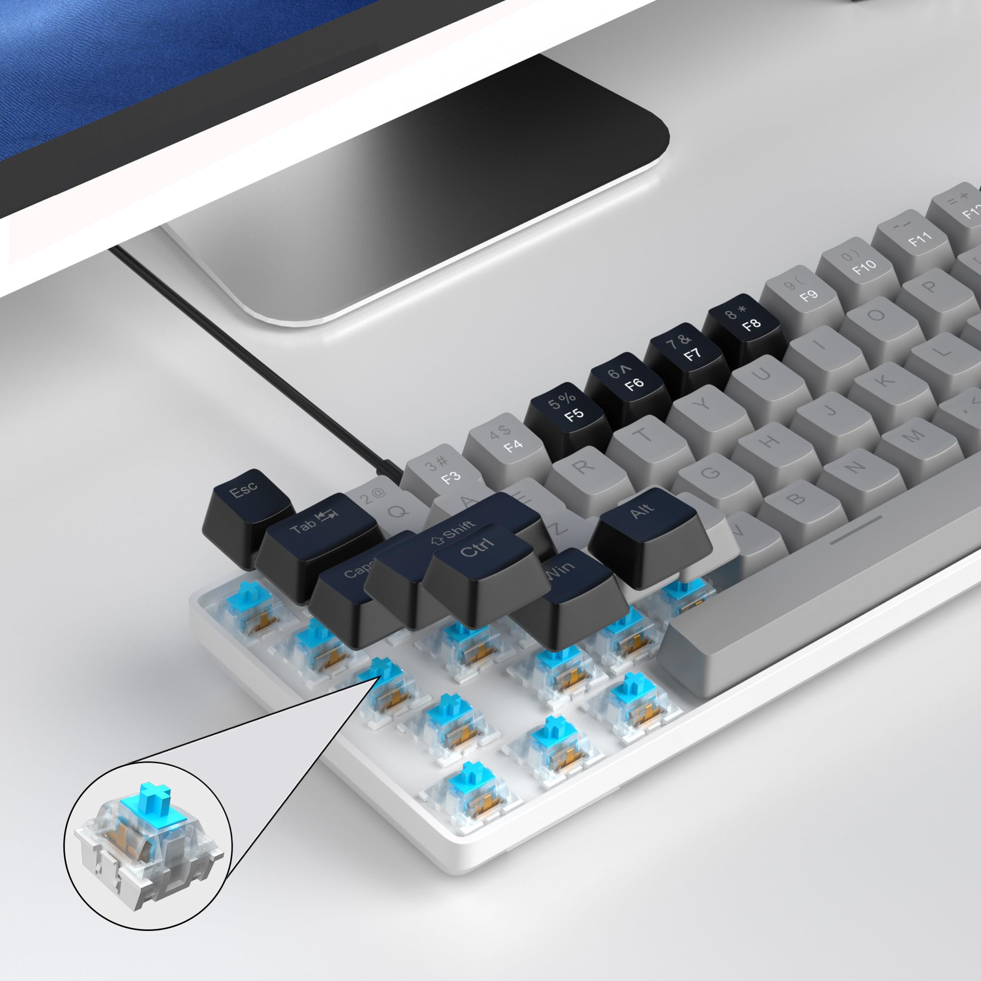 MageGee Teclado mecánico portátil 60%, MK-Box retroiluminado azul hielo, 68 teclas para juegos y oficina con cable, interruptor azul para Windows, laptop, PC, Mac