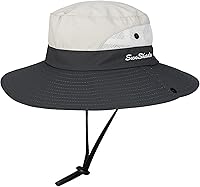 Vista 2 de Sombrero de pesca de playa de ala ancha para mujer, con protección UV, plegable, con agujero para cola de caballo