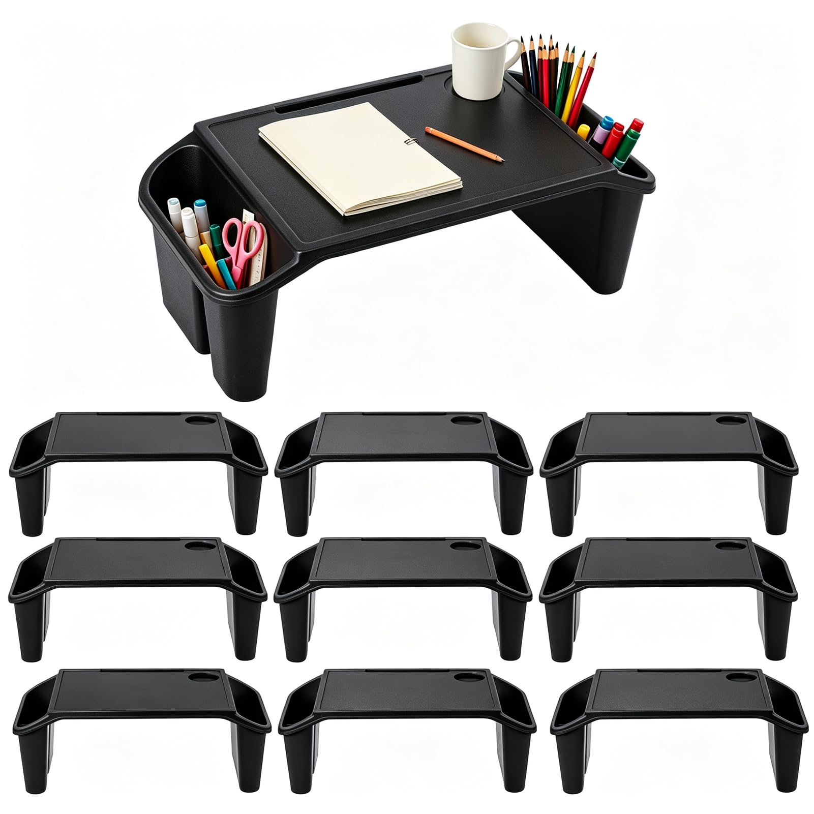 10 Pcs Kids Lap Desk Tray Bulk, Portable Lap Desk Kids Plastic Table with Side Storage Space, Black Lap Tray Bed Table for Students, Classroom, Study, Eating, Laptop & Activities