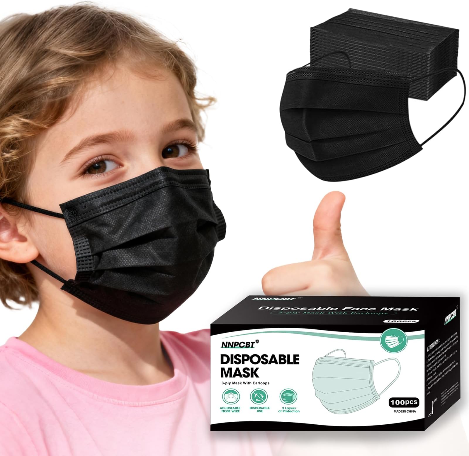 Kids Face Mask Disposable Black 100 PCS 3 Ply Children Boys Girls Face Masks with Earloops