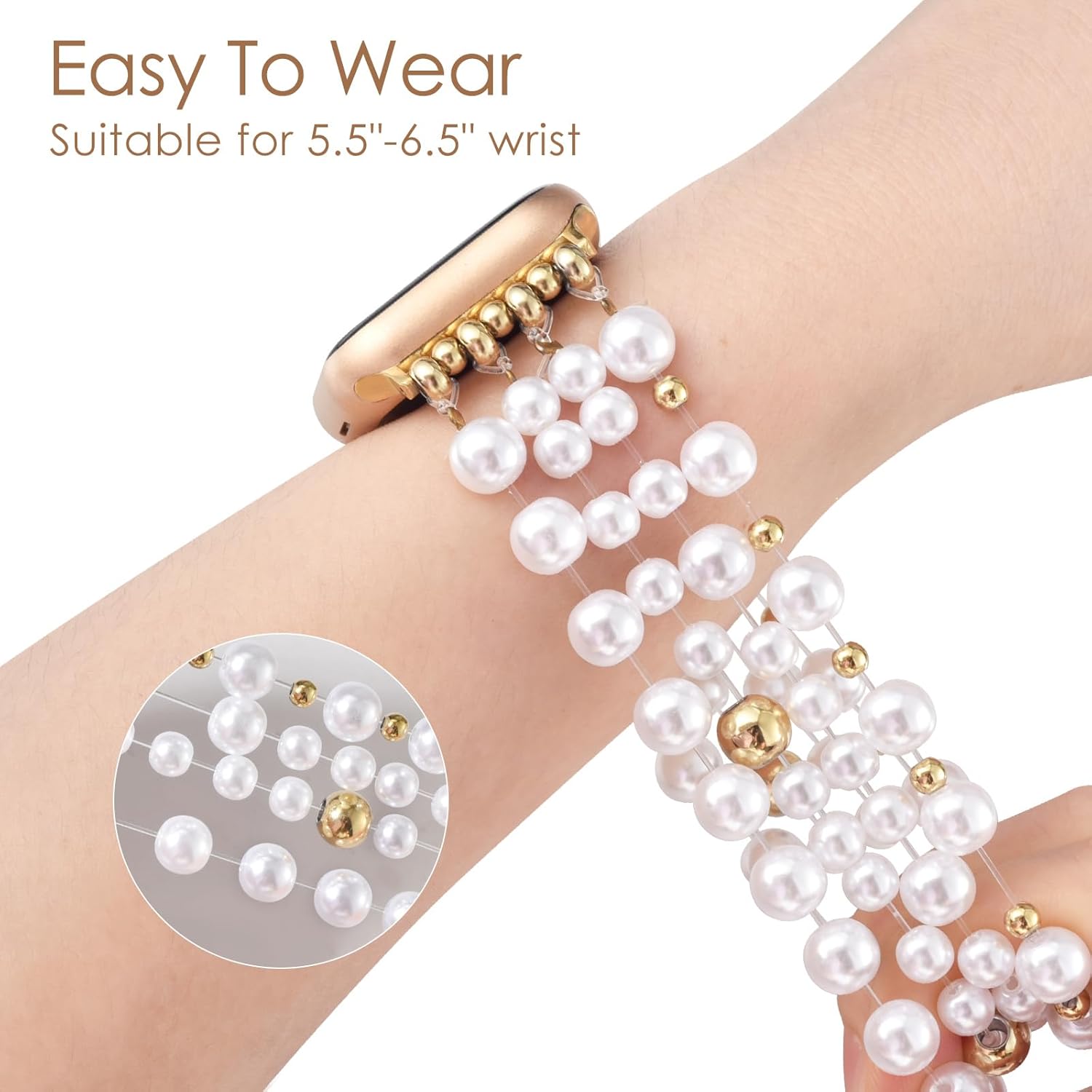 V-MORO Compatible with Apple Watch Band Pearl Series 11/10/9/8/7 46mm 45mm 44mm 42mm Women Fashion Handmade Beaded Elastic Strap Dressy Stretch Bracelet for iwatch SE Series 6/5/4/3/2/1-White/Gold - Image 3