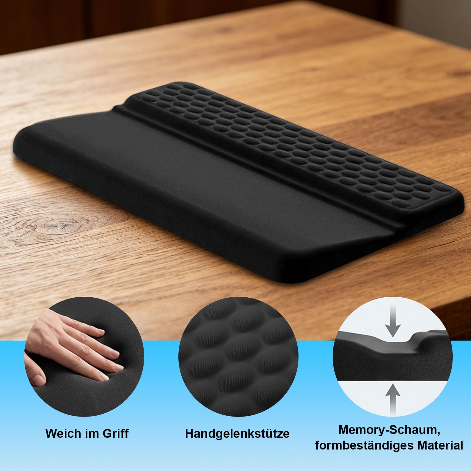Klawiatura z wbudowana podkładką pod nadgarstek GANILITY do zmniejszenia obciążenia nadgarstków, 43 x 24,5 cm Pianka Memory Foam, podkładka pod nadgarstek i podłokietnik na biurko i do gier (Czarny)