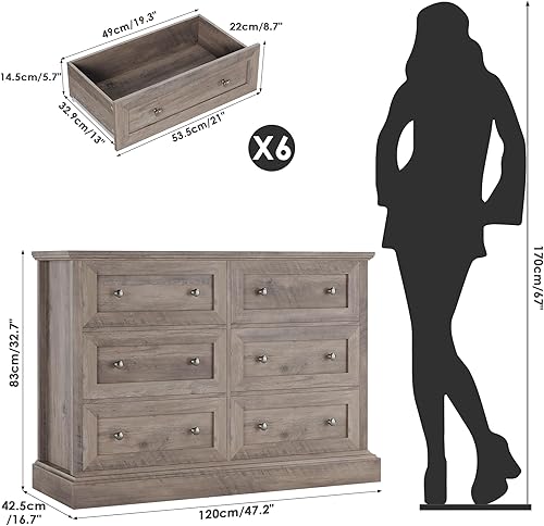 Miniatura 3 de Cómoda doble moderna de 6 cajones, cómoda de madera, cómoda ancha con cajones profundos y asas dobles mentales para pasillo y sala de estar, gris