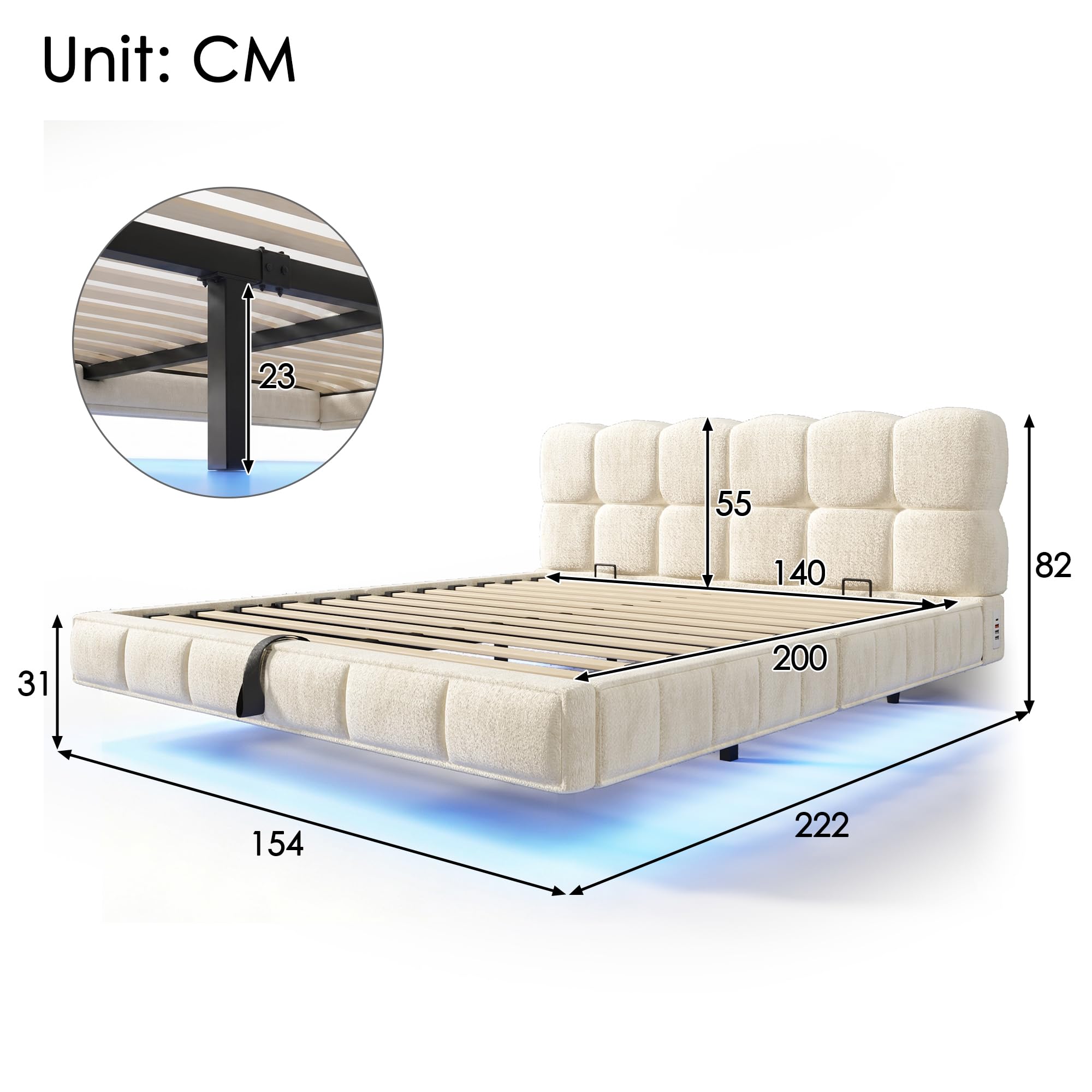 Cama flotante acolchada de matrimonio 140 x 200 cm con somier de láminas, cama colgante con contenedor hidráulico y LED y USB/TypeC, cama con diseño de nube, chenilla, beige, colchón no
