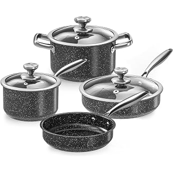 Tieplis Stainless Steel Pots and Pans Set 7-Piece Cooking Pot Set with Granite Non-Stick Coating Induction Pot Set for All Types of Hobs Includes Gas Electric and Induction