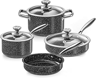 Tieplis Stainless Steel Pots and Pans Set, 7-Piece Cooking Pot Set with Granite Non-Stick Coating, Induction Pot Set for A...