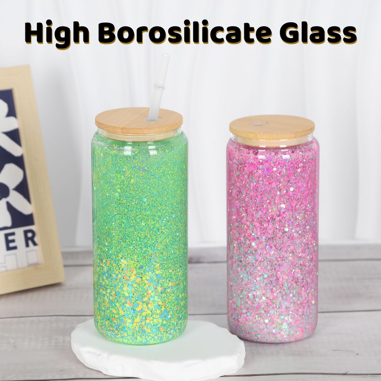20 Oz Snow Globe Tumbler, 6 Pack Pre-Drilled Sublimation Glass Cup For Glitter Snow Globe Diy, Double Wall Sublimation Glass Tumbler