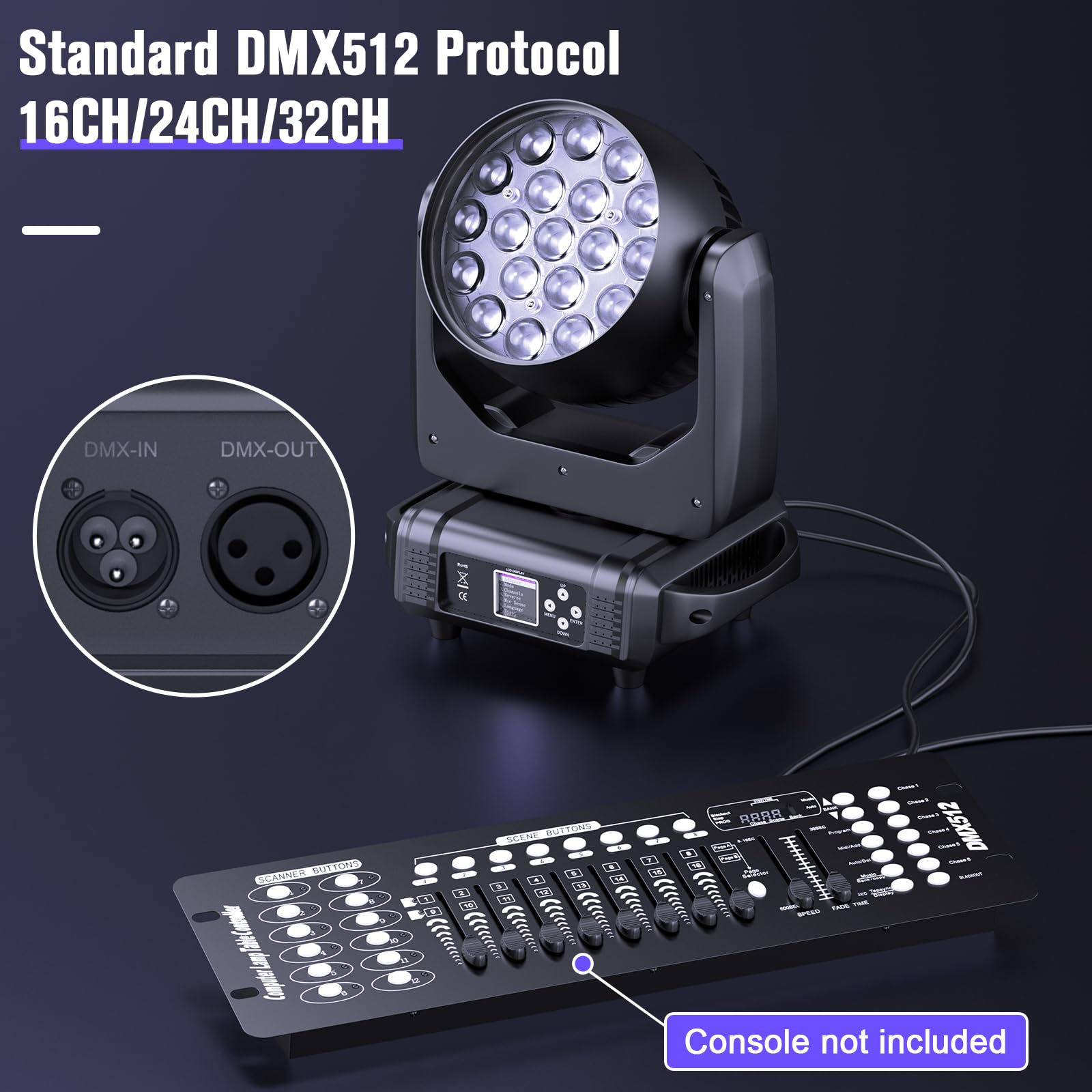 2 Pezzi con Flight Case 19x15W Teste Mobili LED Luci da Palco, 4 in 1 Luci da Palcoscenico, dmx512 Beam Zoom Luci da Discoteca professionale DJ luci per Festa, Matrimonio, Club e Spettacoli