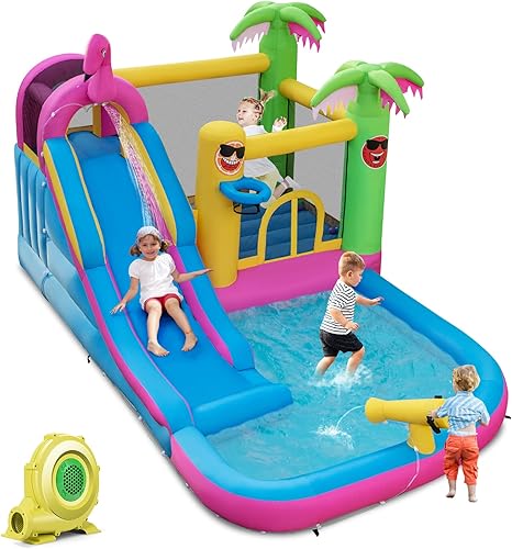 HONEY JOY Tobogán acuático inflable, parque de casa gigante con pared de escalada y piscina de chapoteo, toboganes acuáticos inflables para niños y