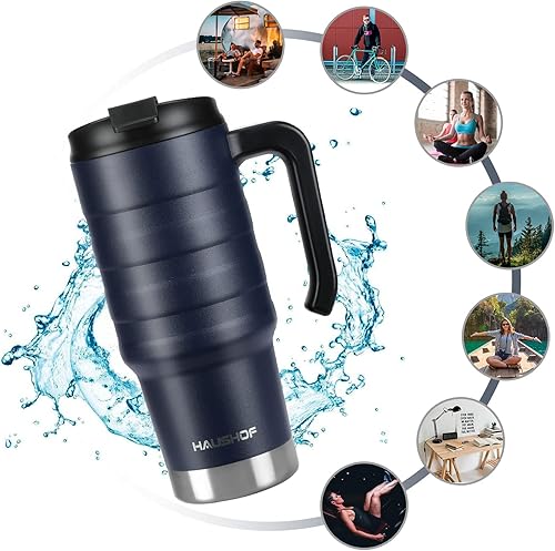 Miniatura 91 de HAUSHOF Taza de viaje de 24 onzas con asa, taza de café aislada al vacío de acero inoxidable, tazas de viaje de doble pared con tapa a prueba
