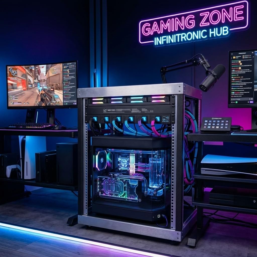 Infitronic 19 Zoll Steckdosenleiste 6-Fach einzeln schaltbar mit 6X Feinsicherung, 1HE Rack-PDU rückseitig 90° gedreht, 3680W 16A Stromverteiler für Gaming, Aquarium & Labor, Schwarz