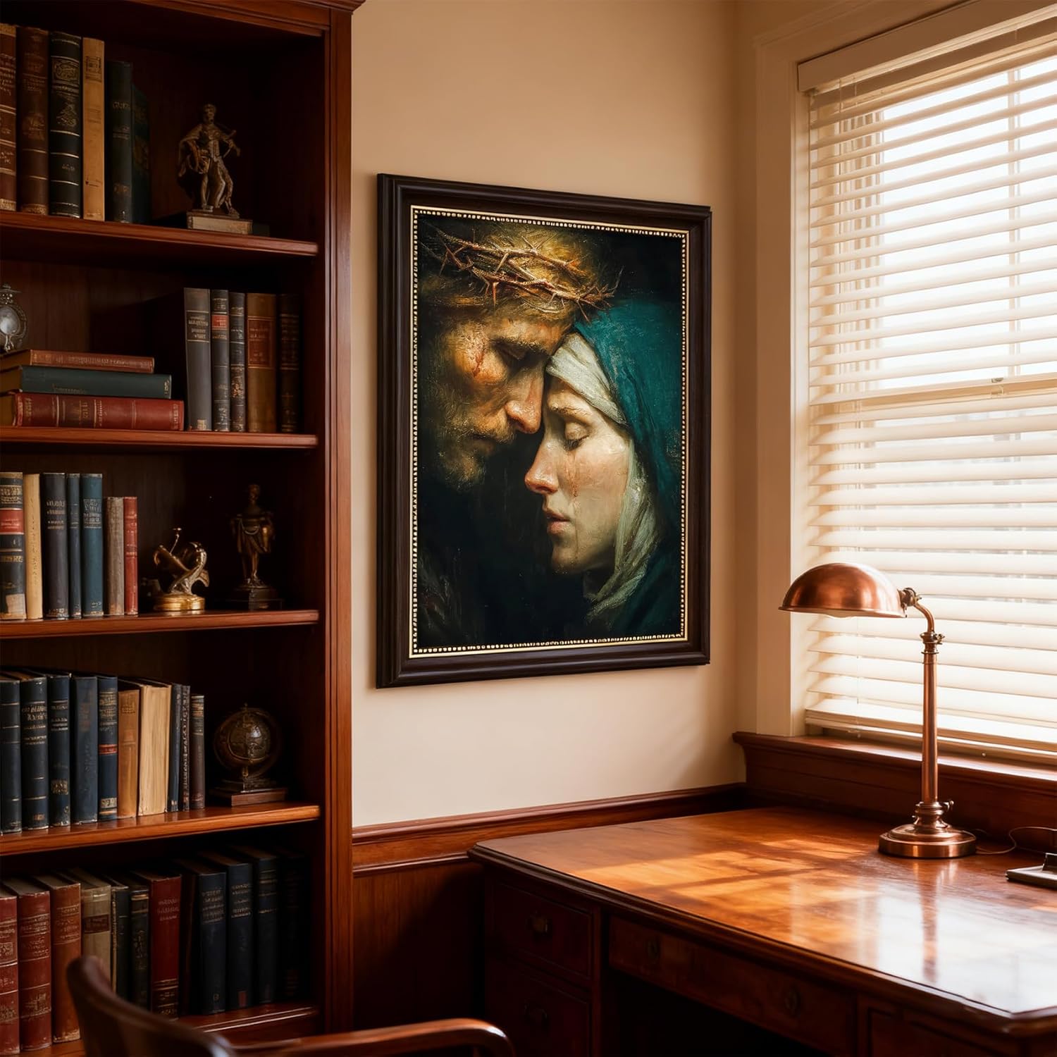 QWETYY666 Dark Framed Jesus and Virgin Mary Wall Art Brown Frame Catholic Canvas Wall Decor Catolicas Mother son Faith Gifts For Living Room Bedroom Church Religious Pictures Print 16x24 inch