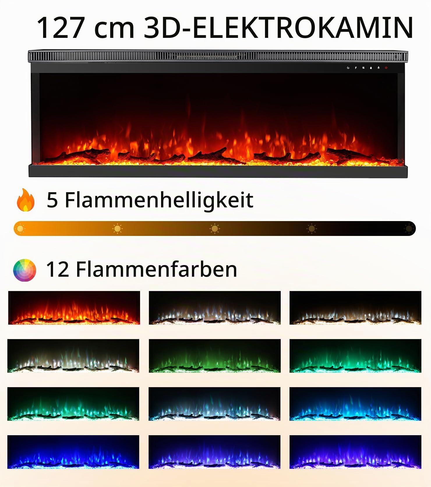 M.C.Haus 3-seitiger elektrischer Kamin-Einsatz - Minimalistischer Kamin - 12 Farb-Flammeneffekt - 1500/750 Watt Heizgerät - Fernbedienung - Holz & Kristalle (50", Weiß)