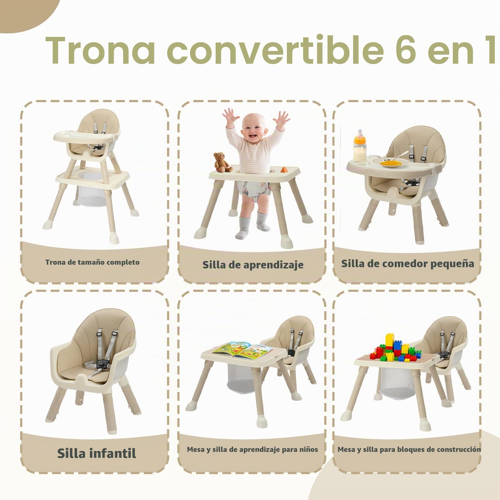Bonnlo Silla Alta para Bebé con Función de Reclinación, Silla para Bebé a Partir de 6 Meses para Comer y Bañera, Premium con Marco Dorado, Incl. Bandeja Doble y Reposapiés, Hasta 15 kg (Beige, 6560)