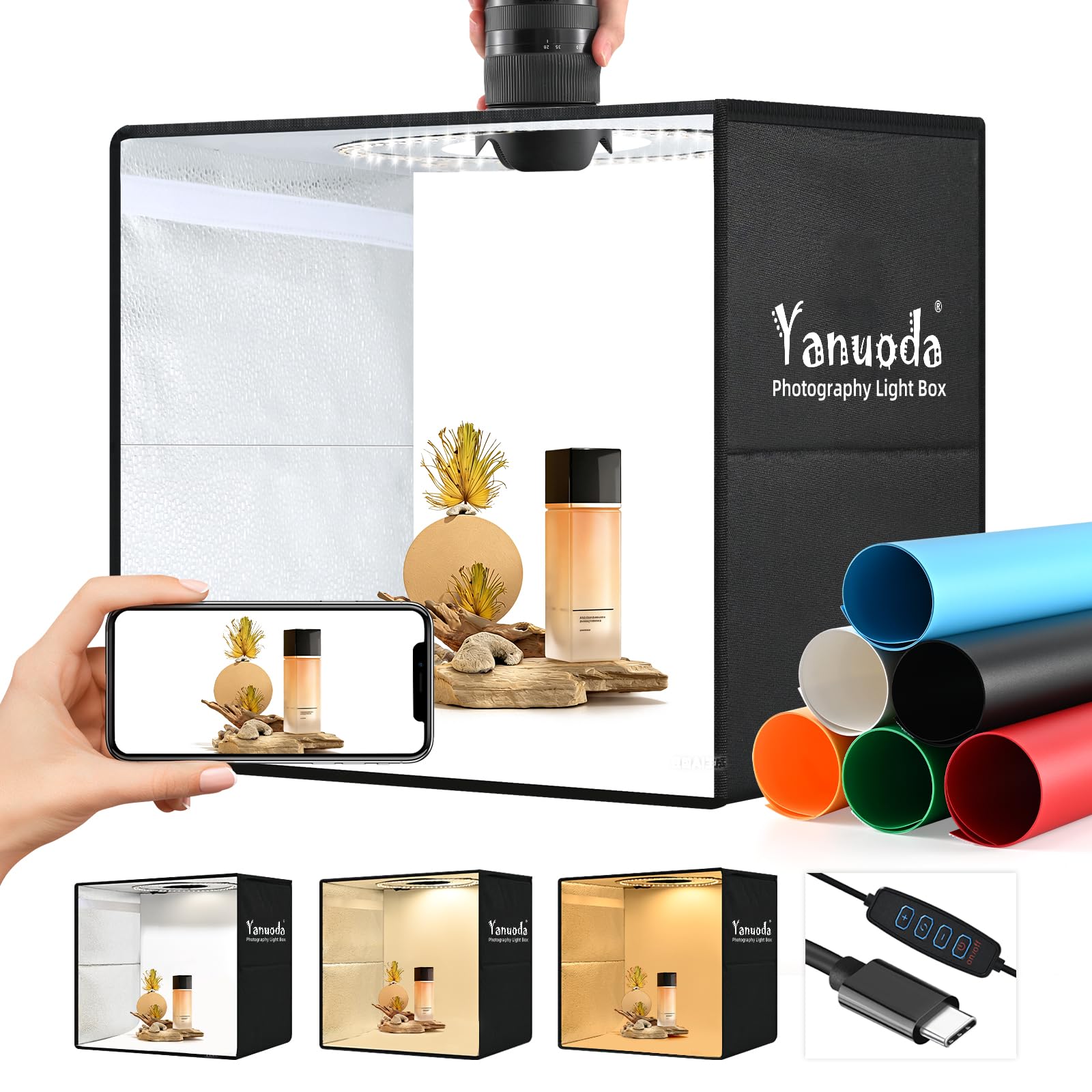 Fotobox Produktfotografie 40x40cm USB-C Kompatibel, Upgraded 18W Fotostudio 5700K dimmbare 180 LEDs (CRI>97), 6 Hintergründe, 3 Lichtmodi – Lichtbox für Produktfotos, Schmuck