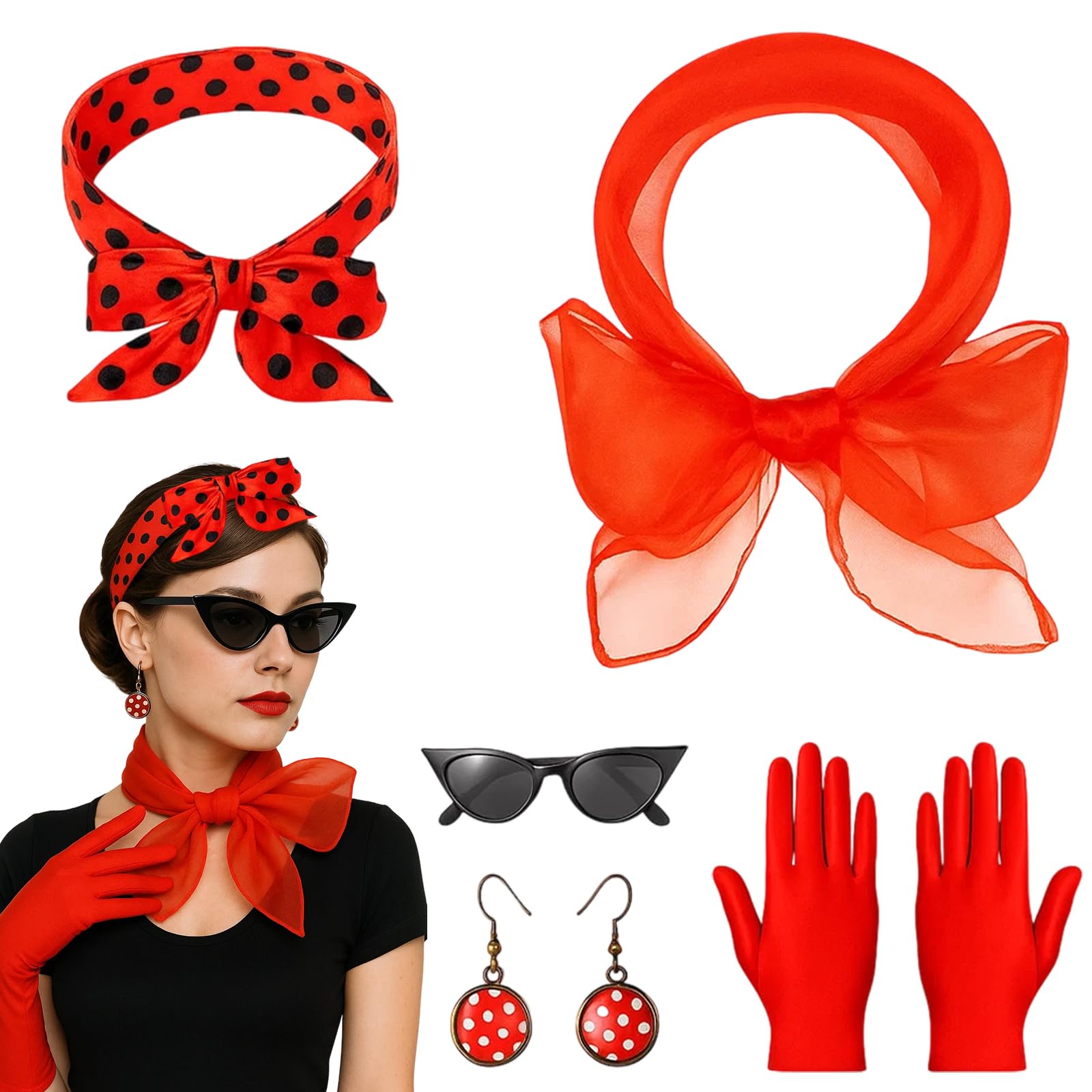 Grease Fancy Dress Women, 5-Piece 50s Accessories Set including Cat Eye Sunglasses, Polka Dot Headband, Scarf, Earrings