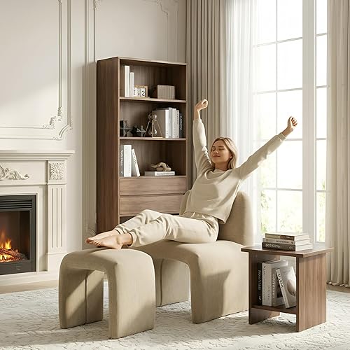 Miniatura 3 de Kaki - Silla decorativa tapizada de felpilla con juego otomano, sillas laterales modernas sin brazos para sala de estar, dormitorio, espacio