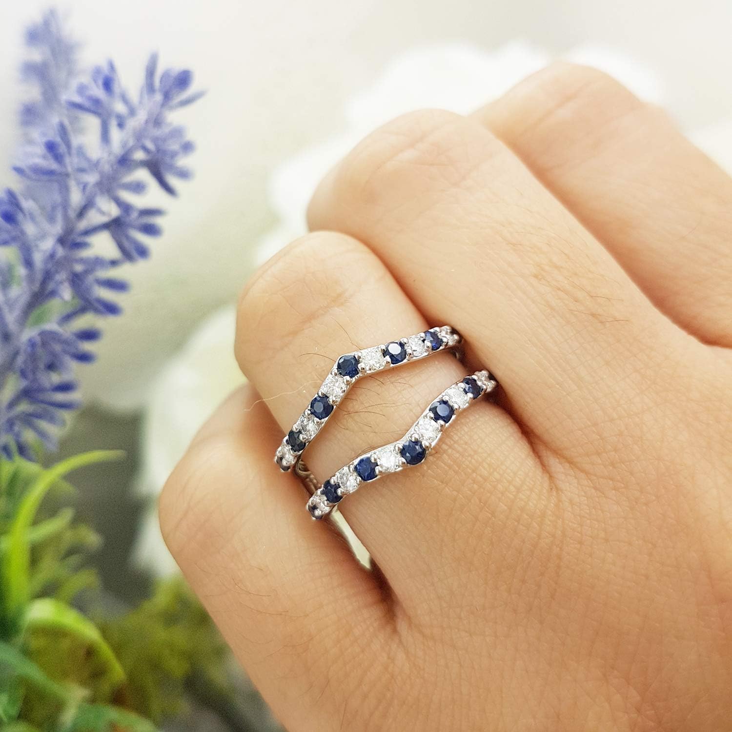 Dazzlingrock Collection Round Blue Sapphire & White Diamond Wedding Enhancer Guard Double Band 1 CT, 14K Gold : Clothing, Shoes & Jewelry