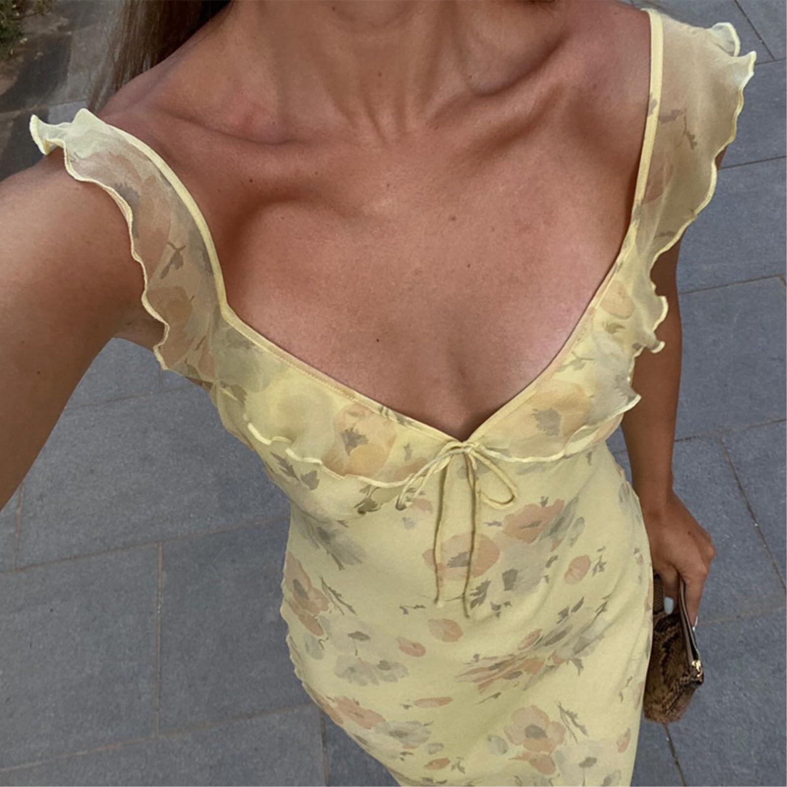 Abito Donna Floral Plunge V Collo Senza Schienale Slip Maxi Coquette Vacanza Sundress, Completamente Foderato Non Sheer Tessuto per Le Vacanze