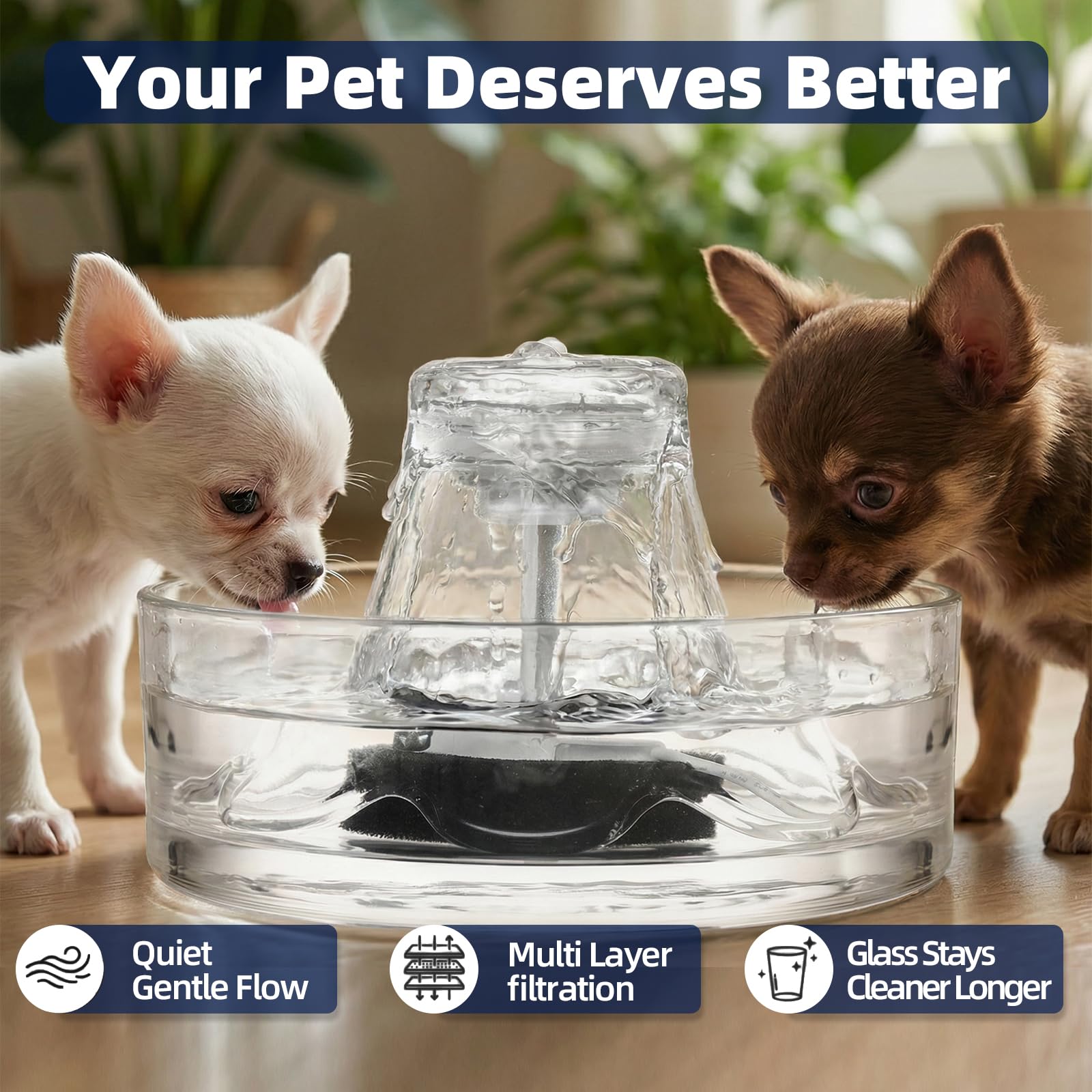 Fuente de vidrio para mascotas, fuente de agua para gatos de 2,6 L