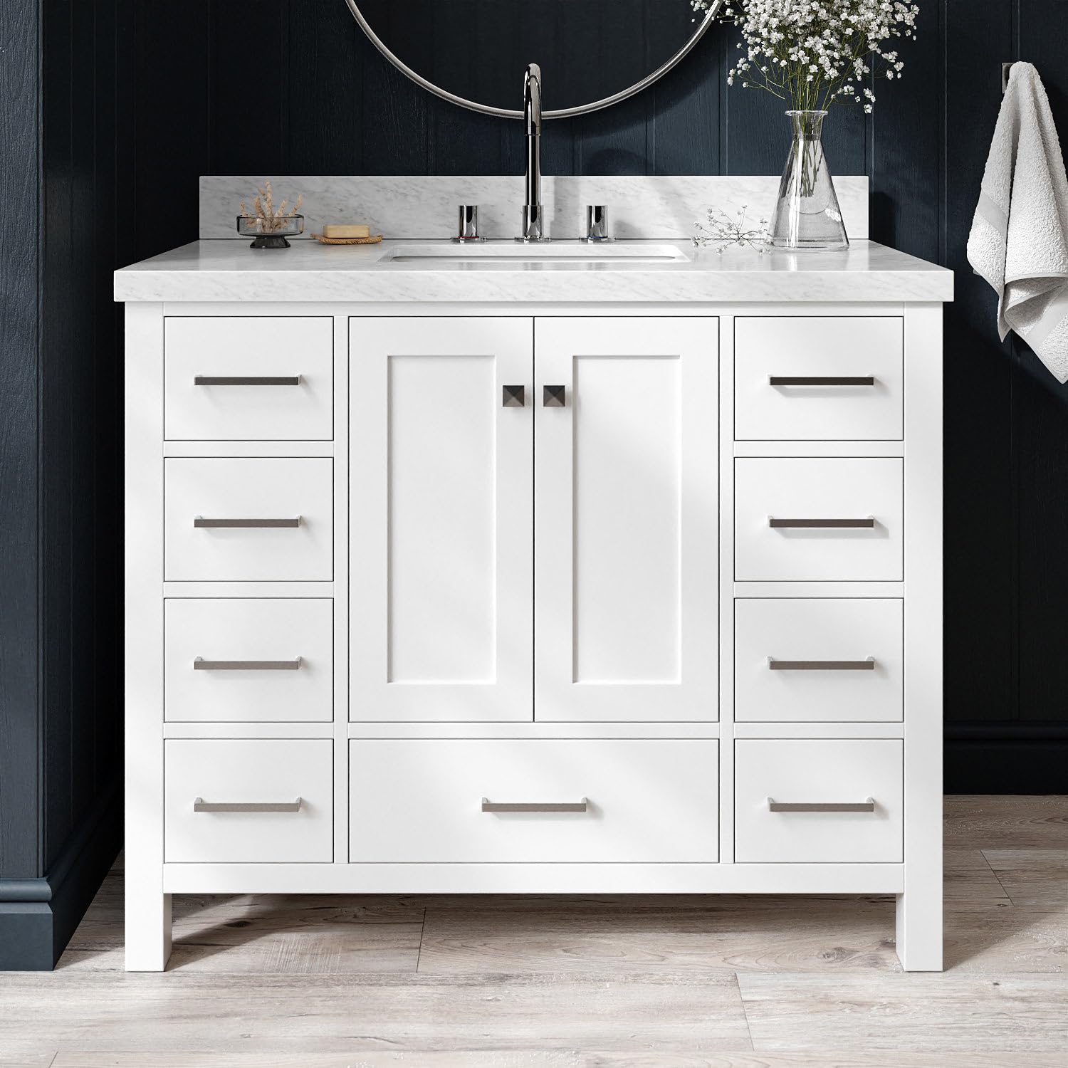 ARIEL Cambridge 43 Inch White Bathroom Vanity with Sink, Solid Wood, Carrara Marble Countertop, 1.5-Inch Edge, Single Rectangular Undermount Sink, 2