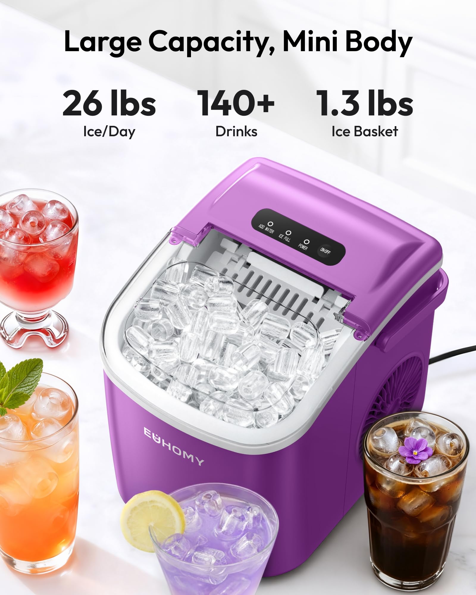 EUHOMY Countertop Ice Maker Machine with Handle, 26lbs Per Day, 9 Ice Cubes Ready in 6 Mins, Auto-Cleaning Portable Ice Maker with Basket and Scoop, for Home/Kitchen/Camping/RV (Purple) view 3