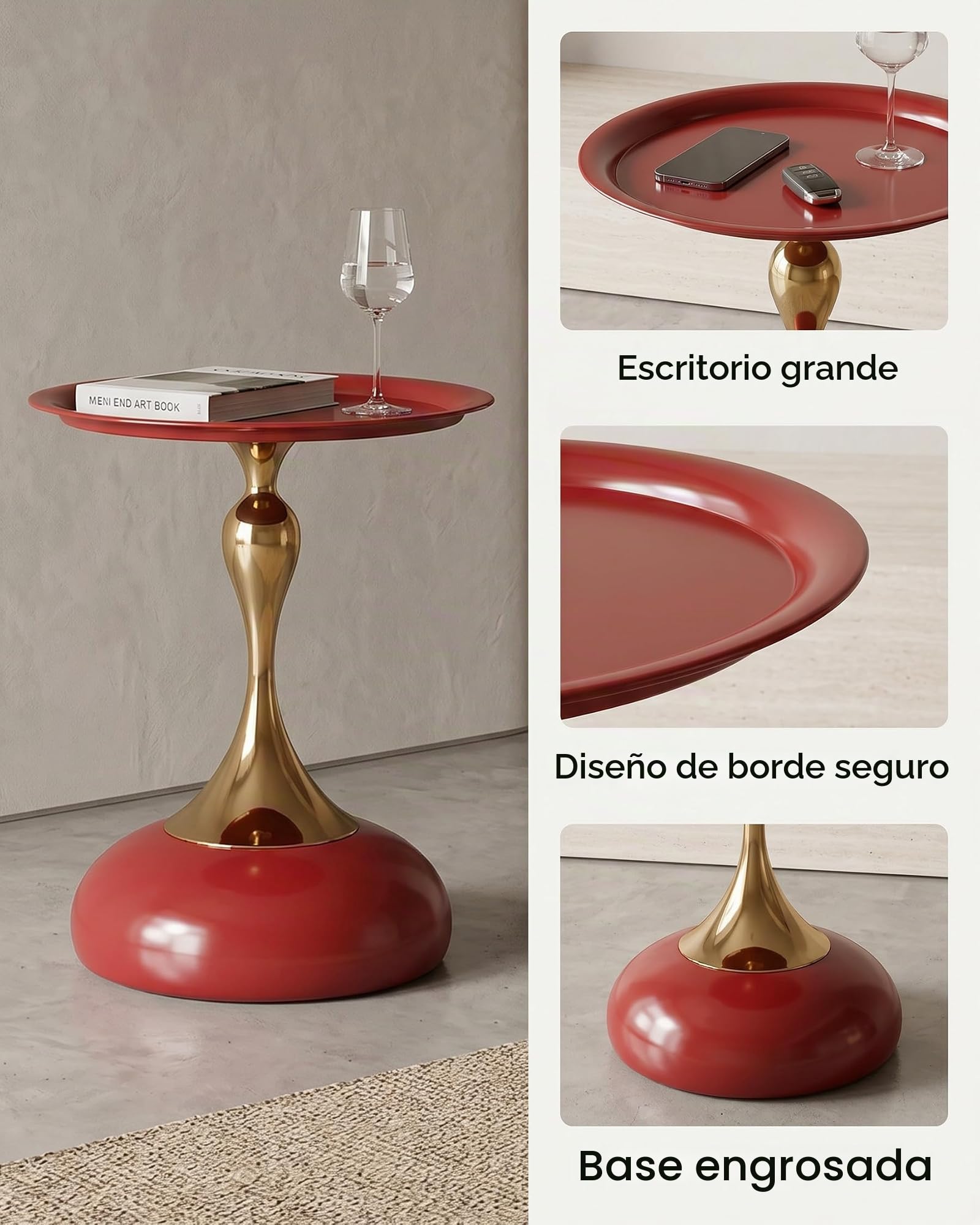 Juego de 2 Mesa Auxiliar de Metal para Interior y Exterior Pequeña Mesa de Centro y Sofá Redonda Moderna de Diseño Mesitas Auxiliares Rojo y Oro, 40x53 cm