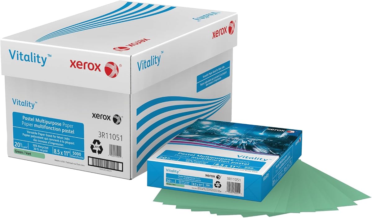 Xerox® Vitality™ Papel multiusos para impresora y copia en color pastel, 10 resmas, verde, carta (8,5" x 11"), 5000 hojas por caja