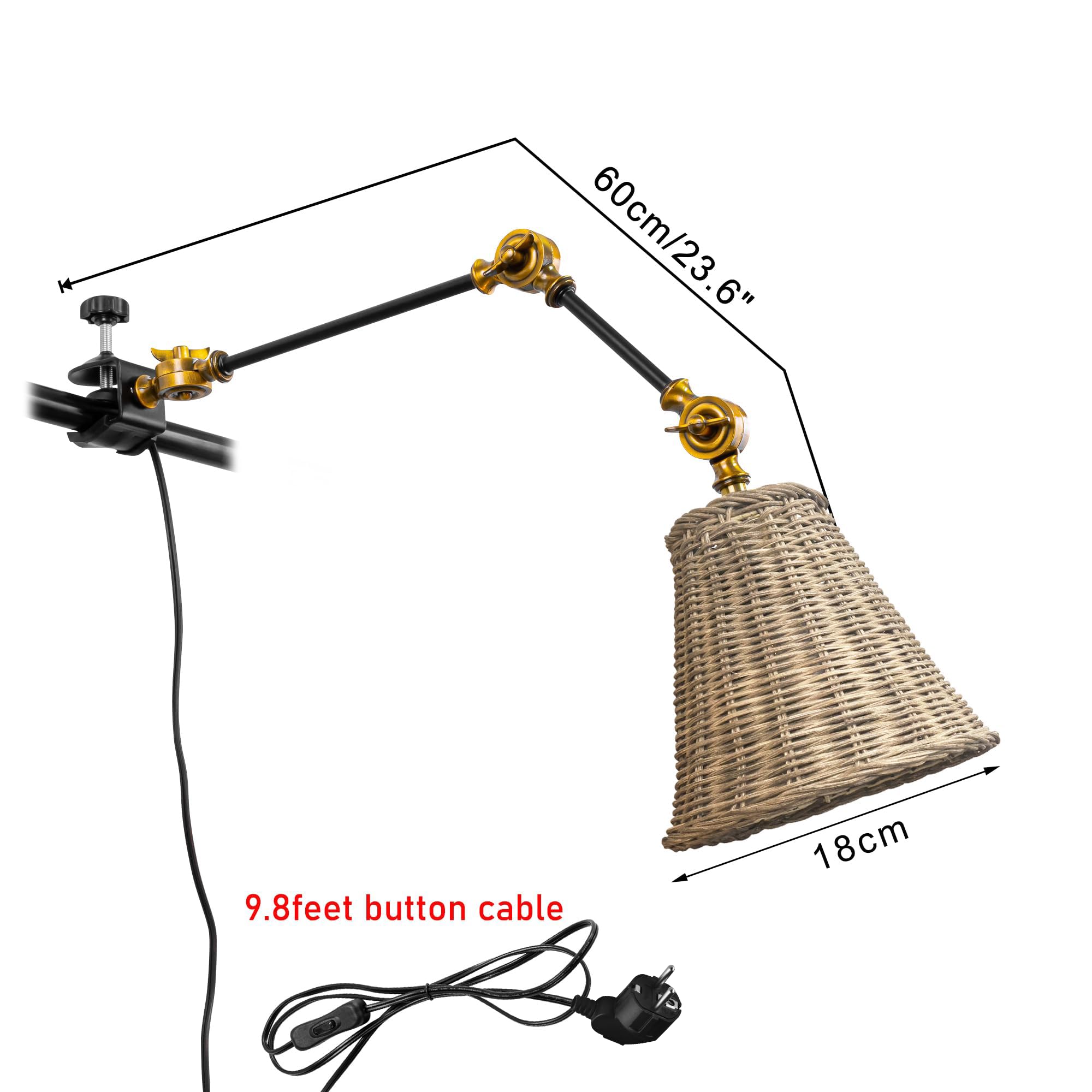 Industrial Klemmleuchte mit 2,5 Schalterkabel,Einstellbar Clip auf Schreibtisch Leselampe,Dimmbar Clamp Nachttischlampe mit Flexarm für Schreibtisch Nachttisch Regal-braun BD2788-DZ512