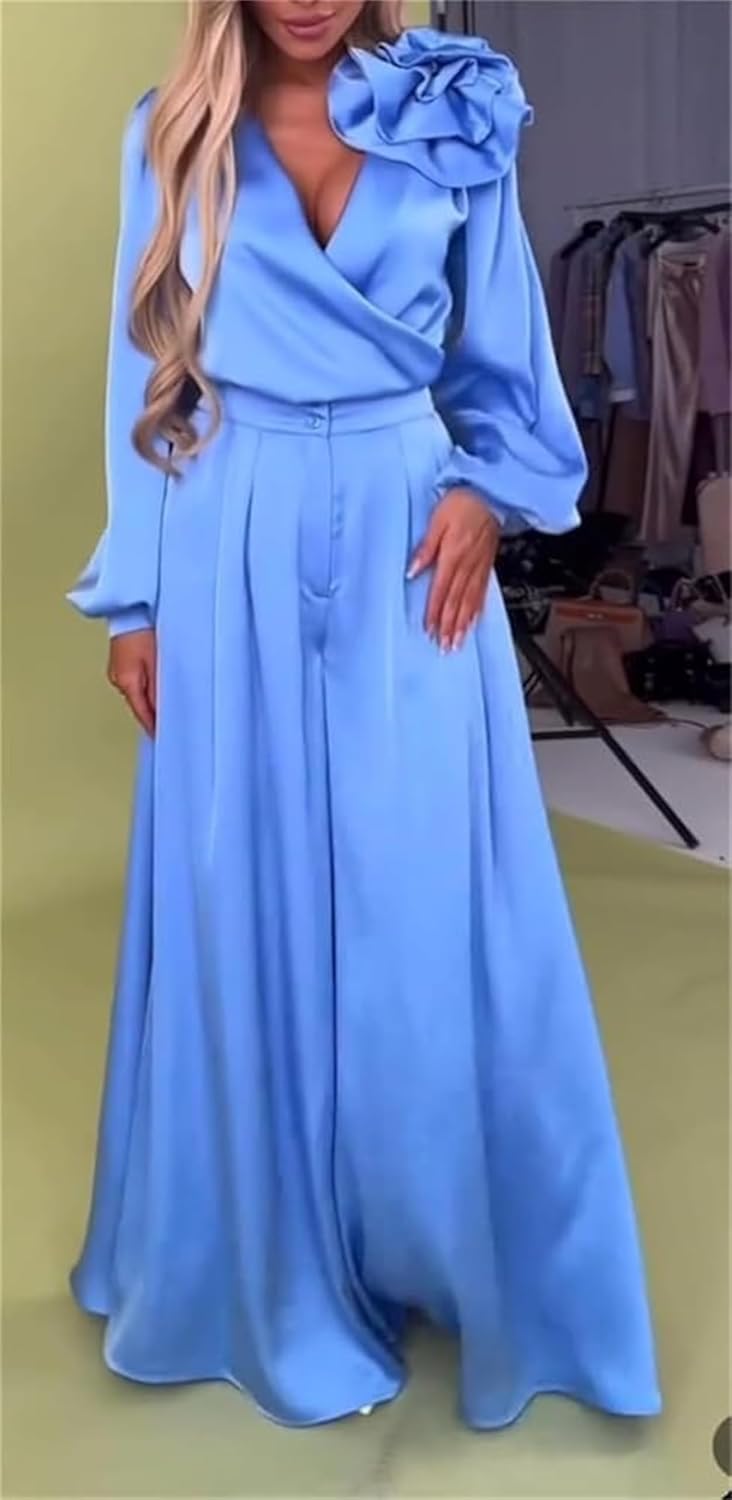 Women's 2 piece Sexy Luxurious and Elegant V-Neck Satin Long Sleeve Top Wide Leg Pants Set, With Solid Color Satin 3d Flower