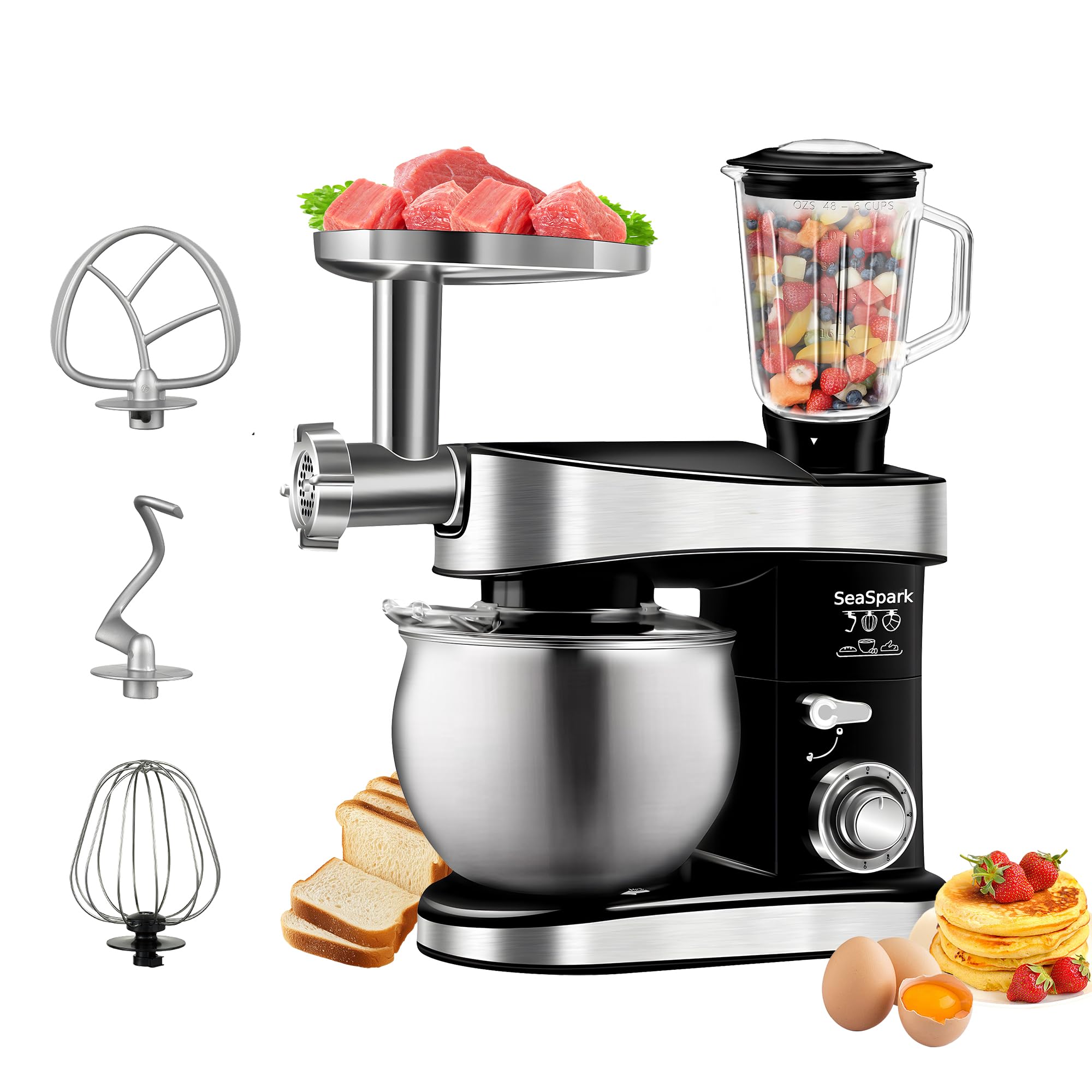 SeaSpark Multifunctional Stand Mixer, 6 in 1 Stand Mixer, 6.3Qt Tilt-head, Standing Mixer with Stainless Steel Bowl, Meat Grinder, Juice Blender, for professional Baking and Most Home Cooks, Black