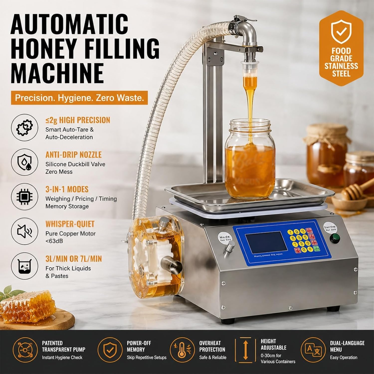 KEhtu Automatyczna maszyna do napełniania miodem (10 g – 10 kg), inteligentny napełniacz butelek z przezroczystą pompką zębatą do płynów wiskozowych, past, masła sezamowego, sosów, 7 l/min