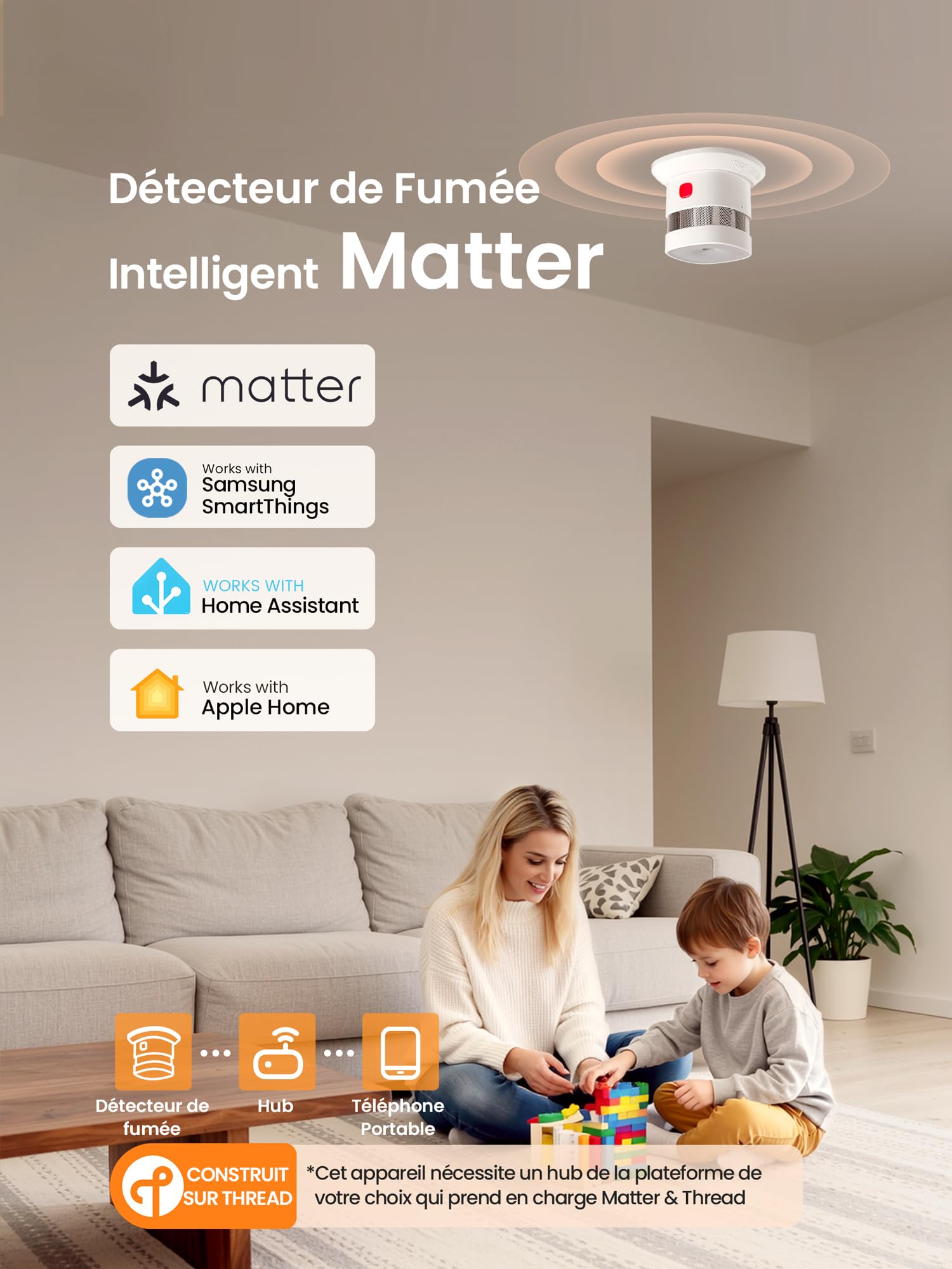 Heiman Detecteur de Fumée Matter Over Thread, avec Fixation Magnétique, Pile Remplaçable 5 Ans, en 14604, 85dB, Hub Requis, pour Apple Home, SmartThings & Home Assistant, HS1SA-M