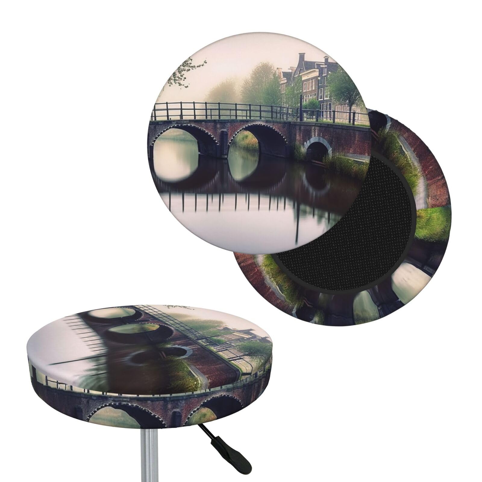 NONHAI Netherlands Landscape Bridge Bar Stool Cover Round Elastic Stool Cushion Covers Dustproof Bar Chair Cover Washable Stool Cushion Slipcover Stretch Stool Seat Covers for 12-14 Inch Chair