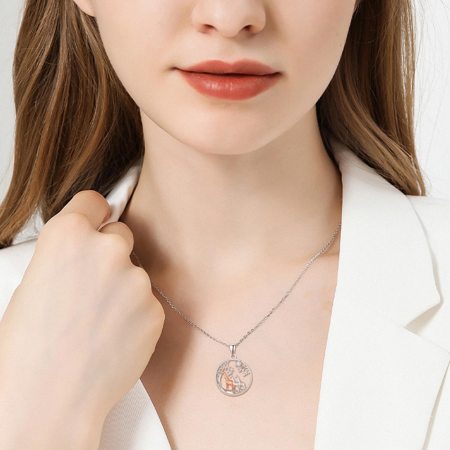 KINGWHYTE Giraffe Necklace Gifts for Women 925 Sterling Silver Three Giraffe Family Tree Pendant Birthstone Jewelry Birthday Gift for Her