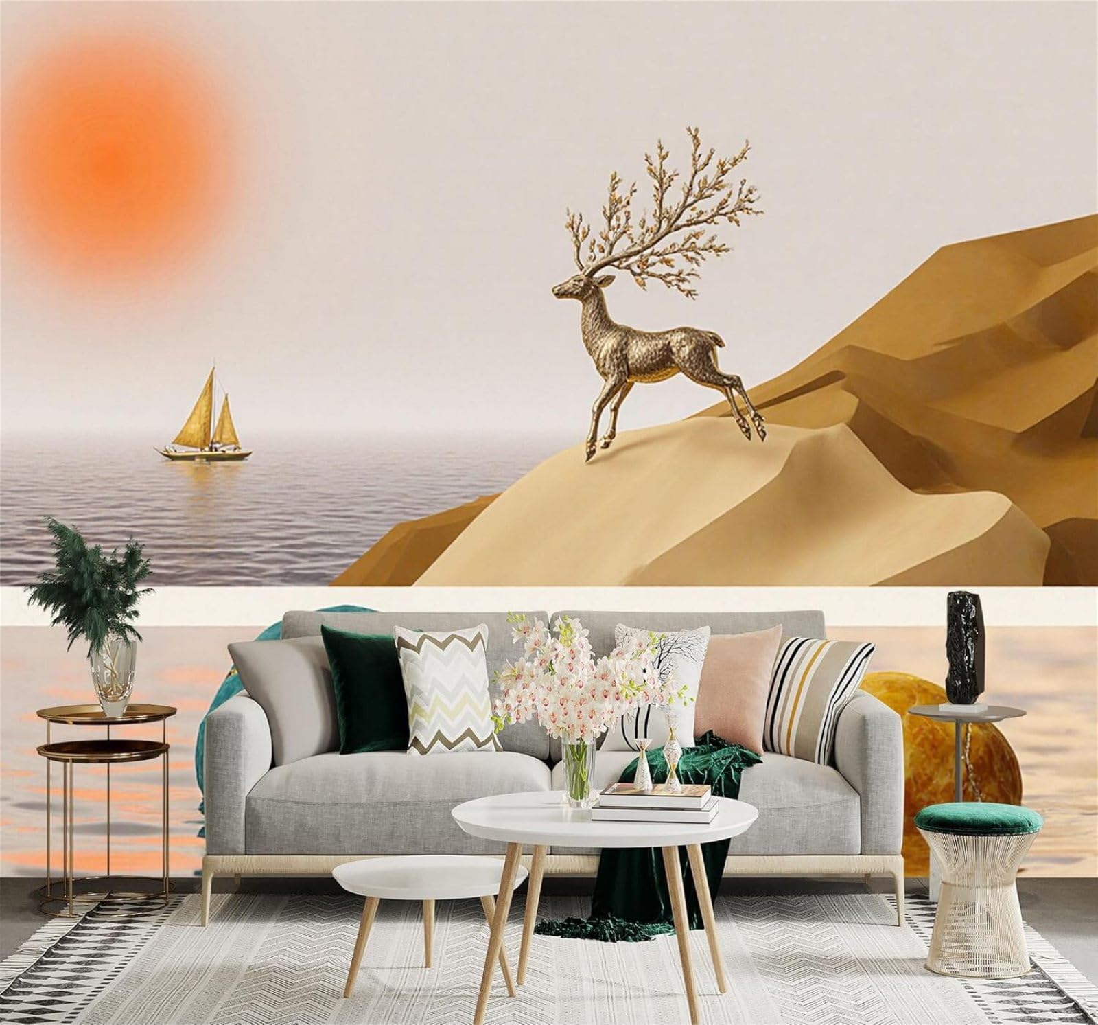 3D Papel Pintado Abstracto Ciervo Dorado Velero Atardecer Mar