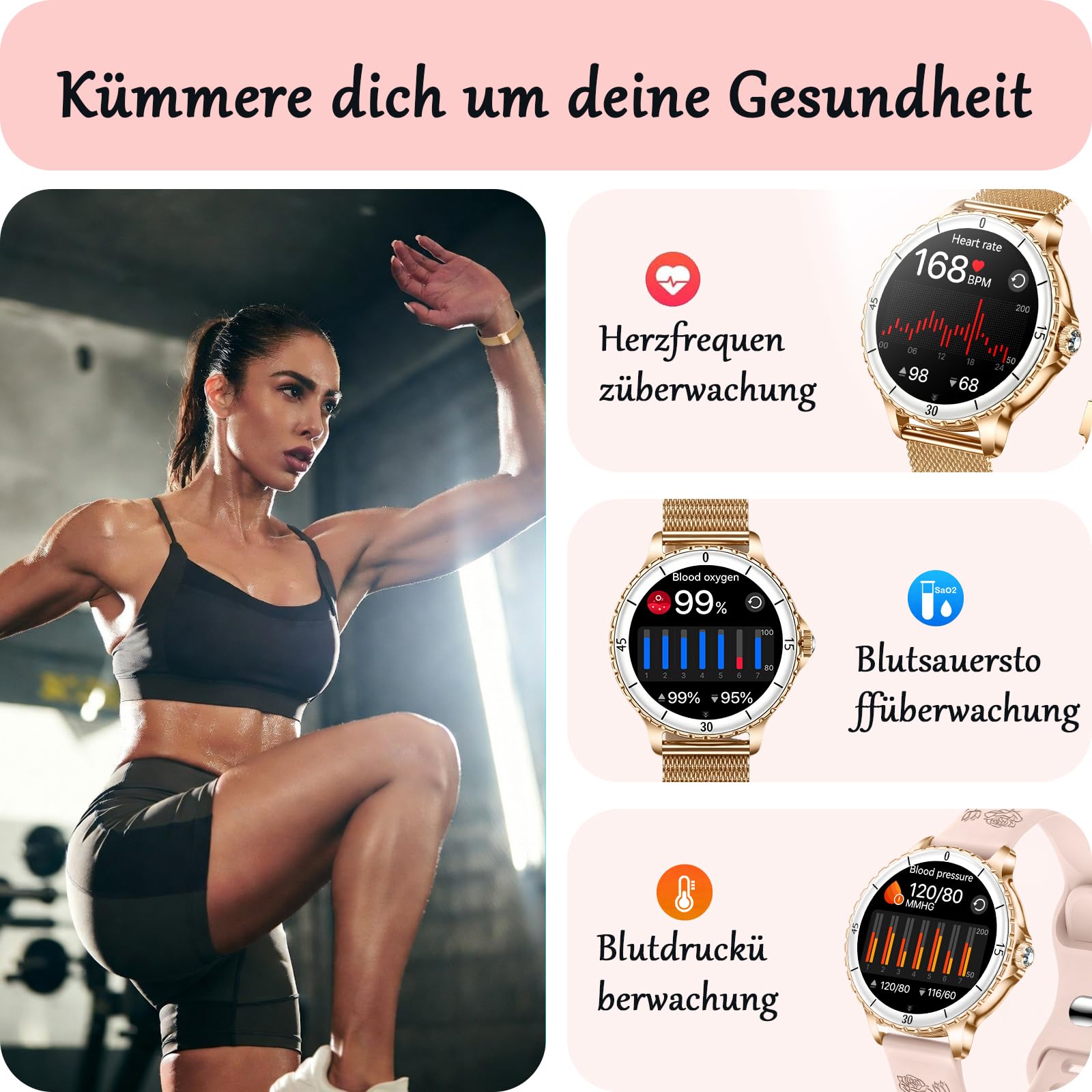 Smartwatch Damen mit Telefonfunktion, 1,27", 2 Armbänder, Rose Gold | 120+ Sportmodi Fitness Tracker, Herzfrequenz/SpO2/Schlaf Monitor Schrittzähler, IP68 Wasserdicht Sportuhr für iOS Android