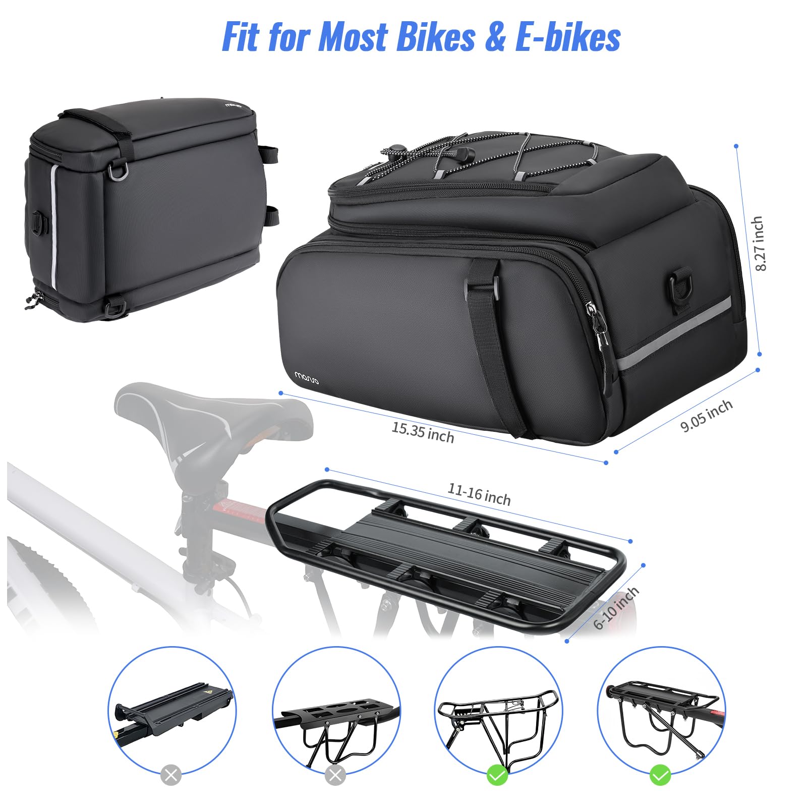 MOSISO Sac à Dos Vélo Arrière Étanche 15L, Bagage Arrière Vélo Électrique Convertissable, Sac à Main Vélo avec Housse de Pluie, Corde Élastique & Ceinture d'épaule pour Commuter Voyage Extérieur,Noir | Sac à dos convertible imperméable de 15 l avec housse