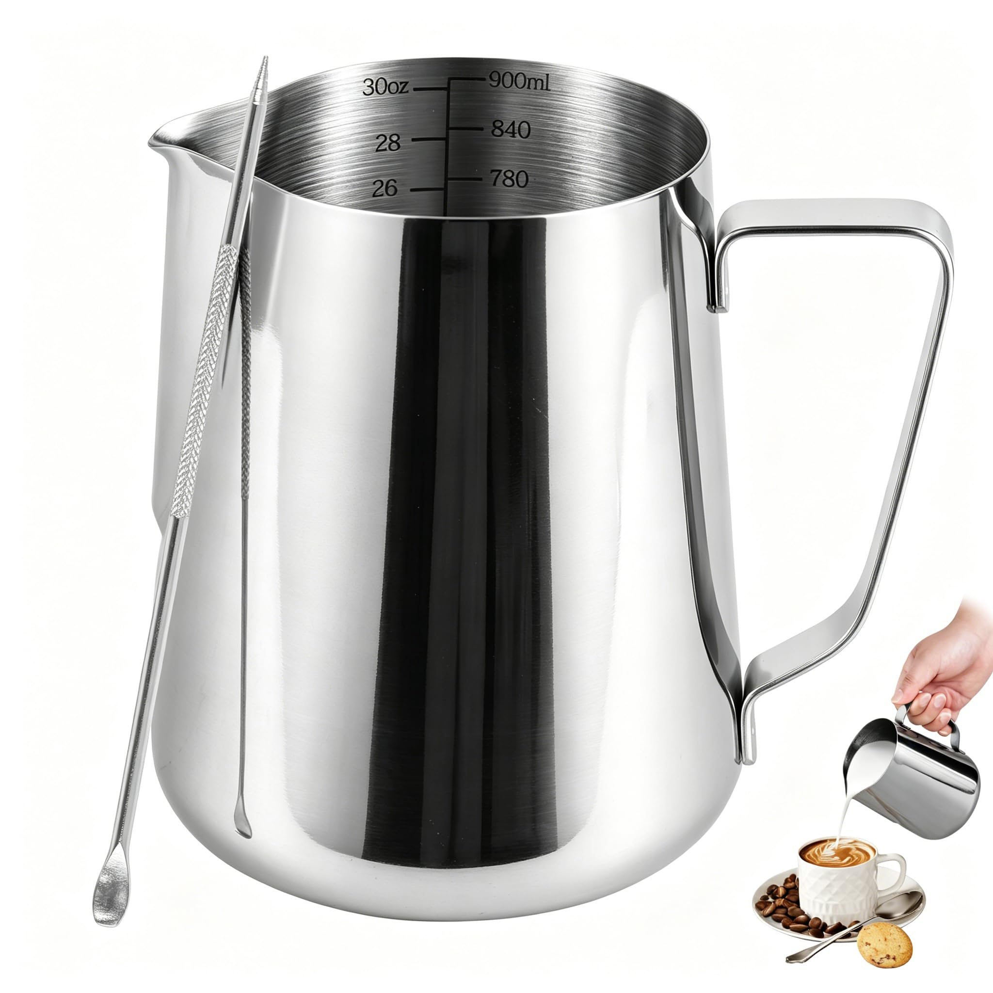 32oz Stainless Steel Milk Frothing Pitcher with Measurement Marks &amp; Art Pen