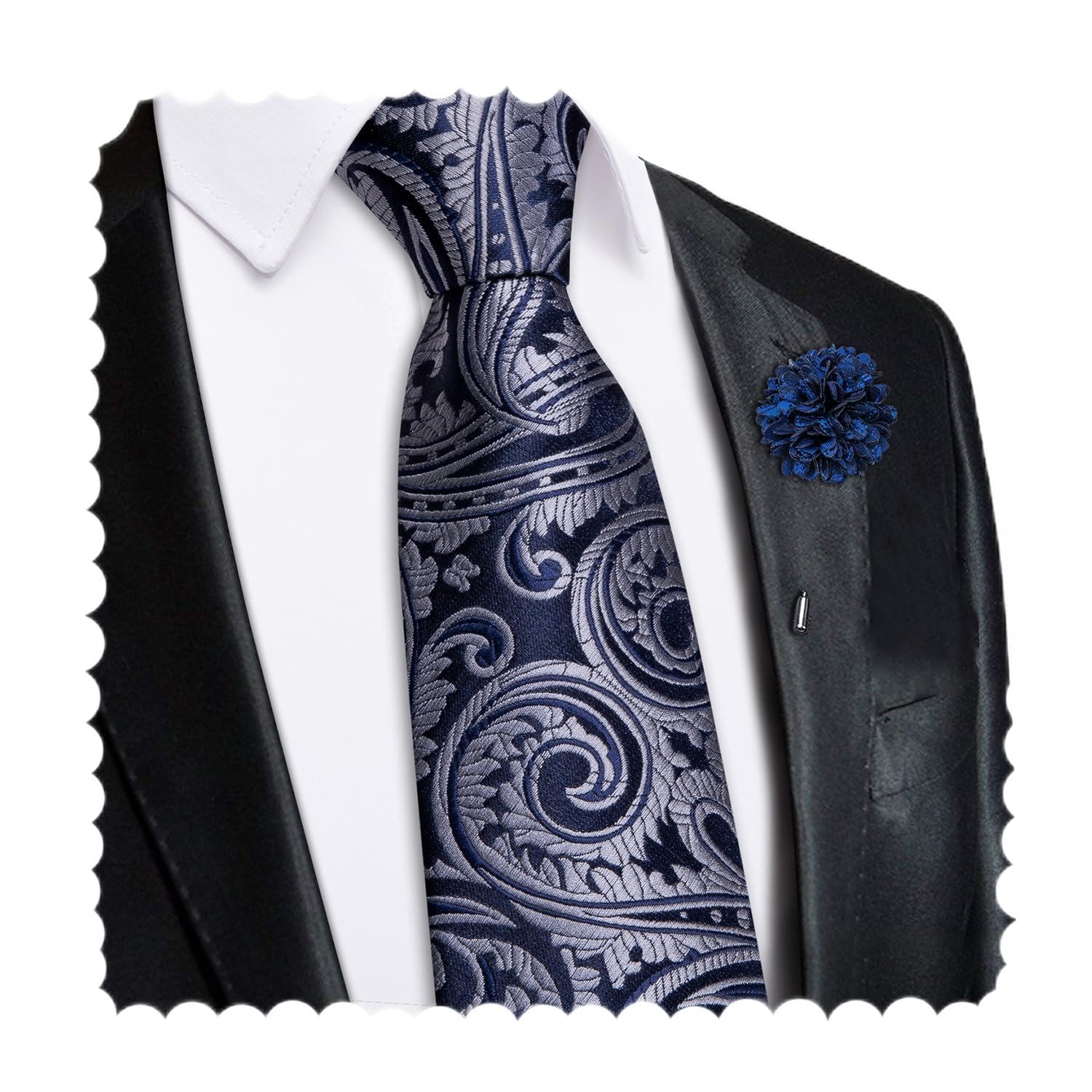 Hi-Tie Zipper Ties for Men Pre-tied Tie Set Lapel Pin Pocket Square and Cufflinks Formal Business Wedding Adjustable Necktie