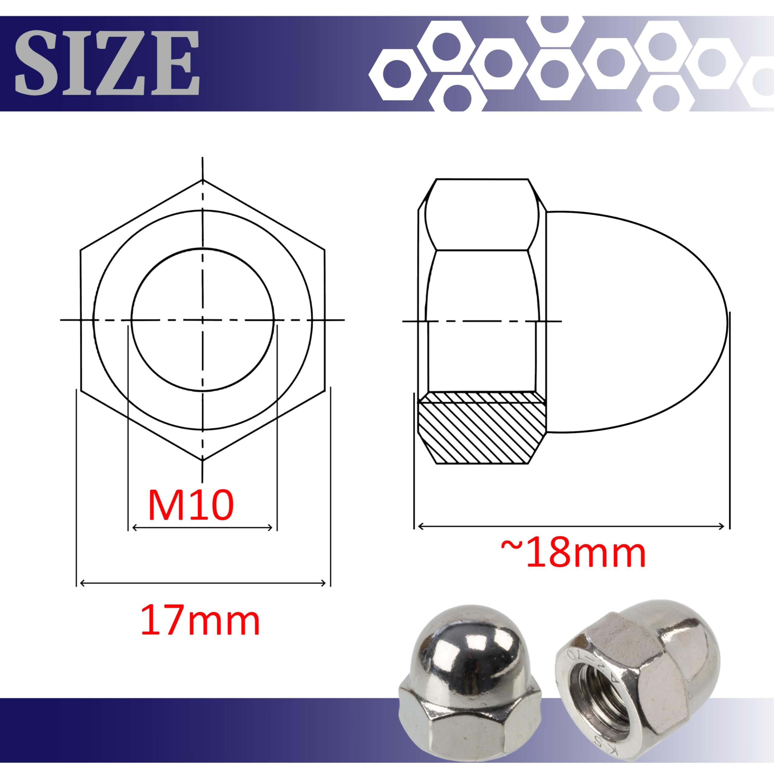 AERZETIX - Lot de 30 écrous borgne hexagonaux M10 à tête dôme creuse | pour assemblage décoratif, fixation sur tige filetée et travaux de métallerie | en acier de couleur argent