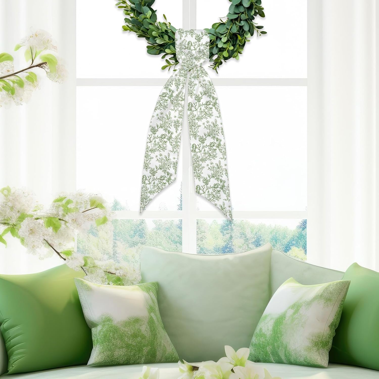 FYSUIMU 2 Pcs Green Flower Wreath Sash for Front Door White and Green Floral Garland Ribbon for Spring Holiday Party Home Decor Indoor Outdoor