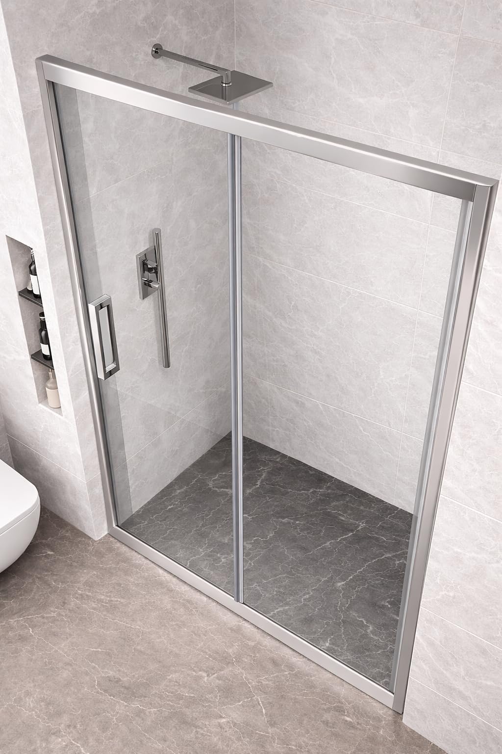 Box Doccia Scorrevole per nicchia trasparente 6mm in cristallo temperato porta con maniglie e profili cromati reversibile h195 (150cm)