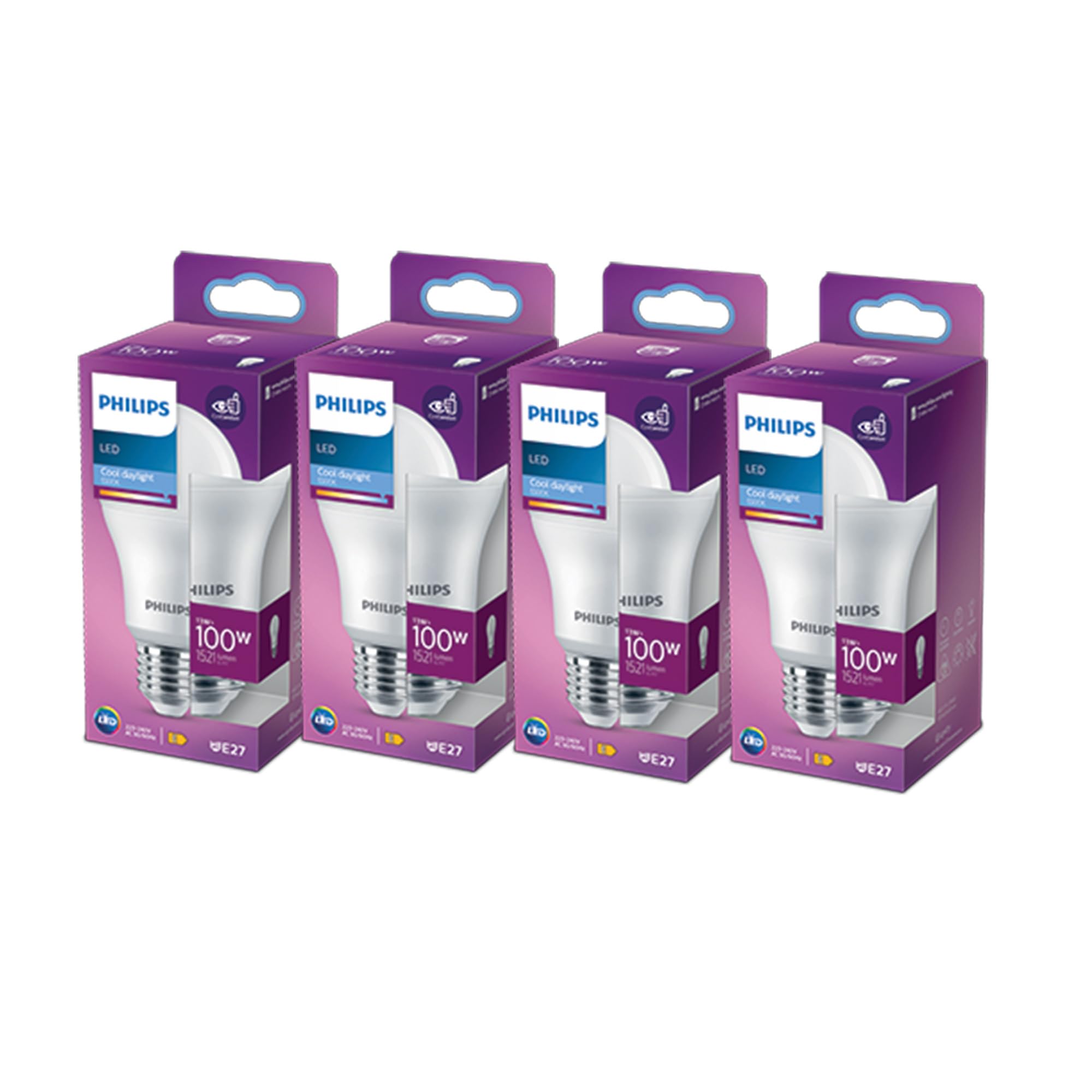 Philips LED Classic E27 Bulb, 100 W, A60, 6500 K Cool White Light, Frosted Glass, Set of 4
