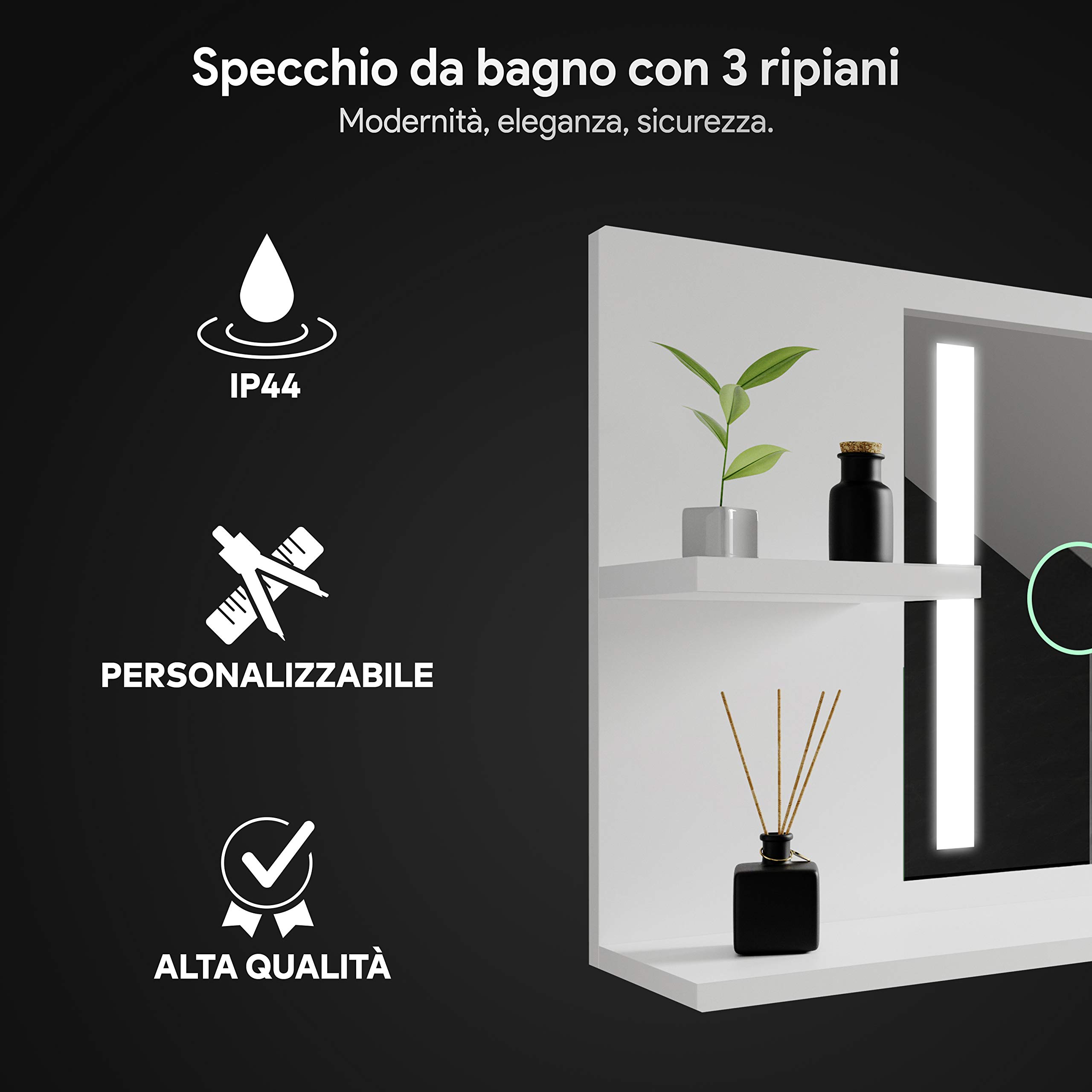 Artforma Specchio da bagno 120 x 100 cm con illuminazione a LED – Scegli accessori – Personalizzato su