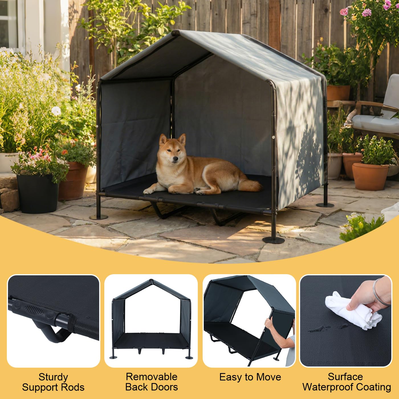 Refugio para perros al aire libre con cama elevada, pantalla grande para perros exteriores, casa 2 en 1 resistente a la intemperie para perros grandes, 39 pulgadas de largo x 34 pulgadas de ancho x 41