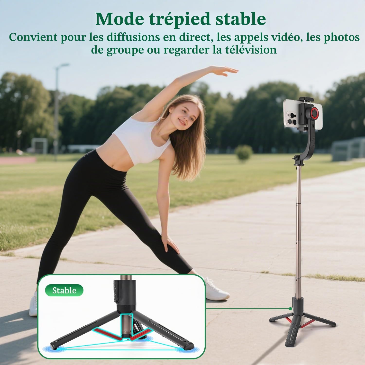 Stabilisateur de cardan pour smartphones, cardan de téléphone à 1 axe avec télécommande, perche à selfie portable et pliable et support de téléphone pour stabilisateur de vlogging, vidéos
