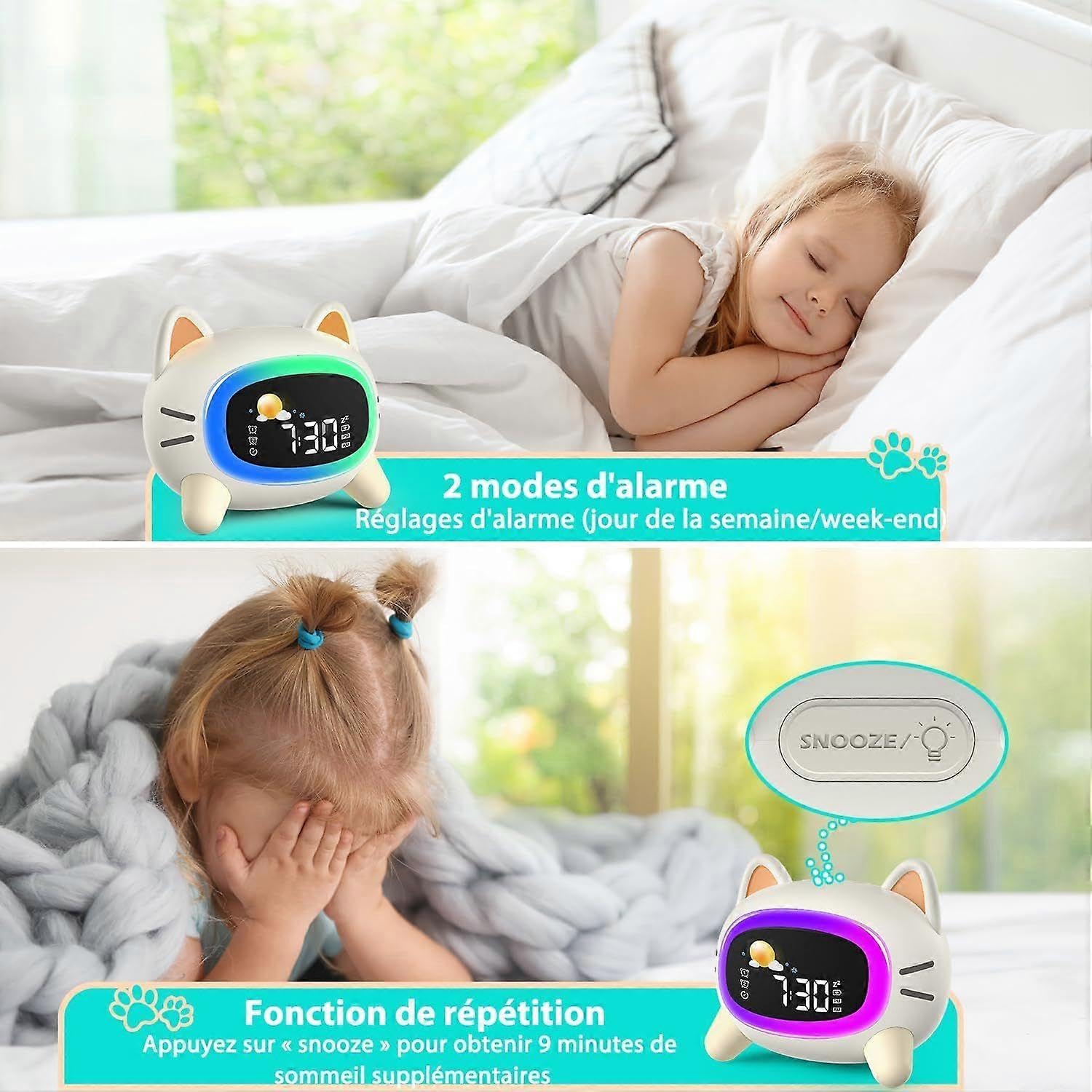 Kinderwecker, pädagogischer Tag-/Nachtwecker mit 5-farbigem LED-Licht, Geschenk für Jungen und Mädchen, 7 Musikarten, zwei Alarme, wiederaufladbar über USB