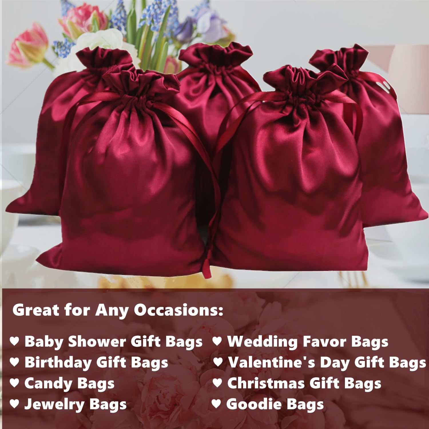 Gbateri Burgundy Satin Bags with Drawstring, 6x9 Inches, 35pcs Party Favor Bags for Baby Shower, Bridal Shower, Christmas